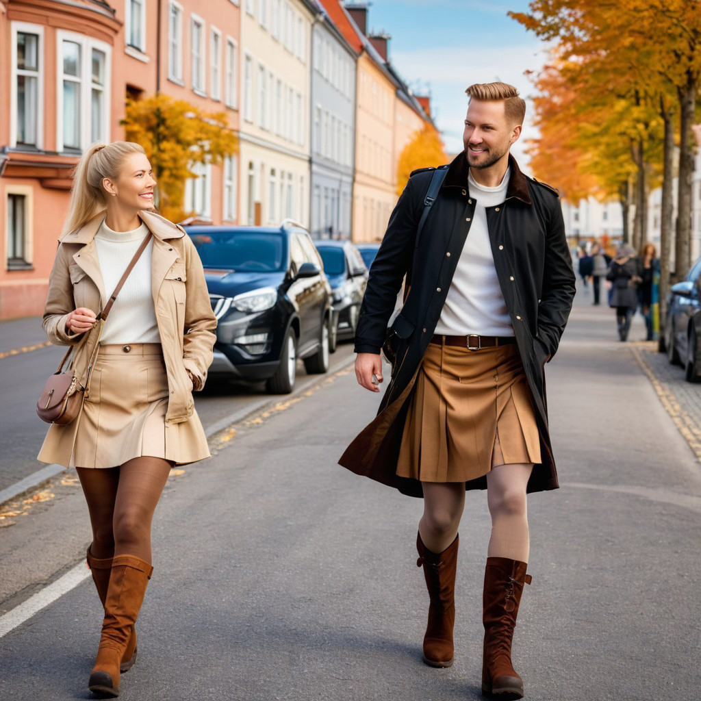 Paar in Röcken, Strumpfhosen und Stiefeln unterwegs