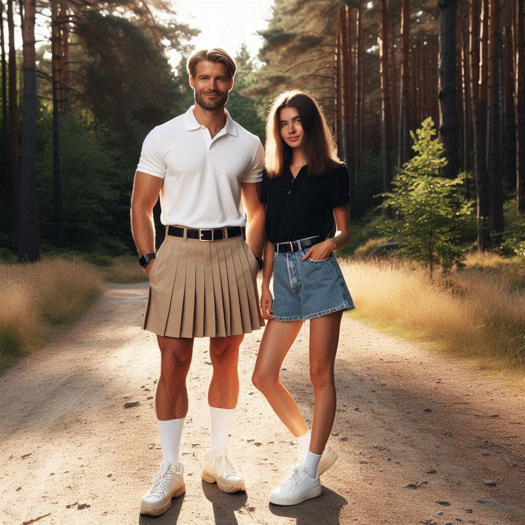 Im Wald, er im Rock, sie in Shorts