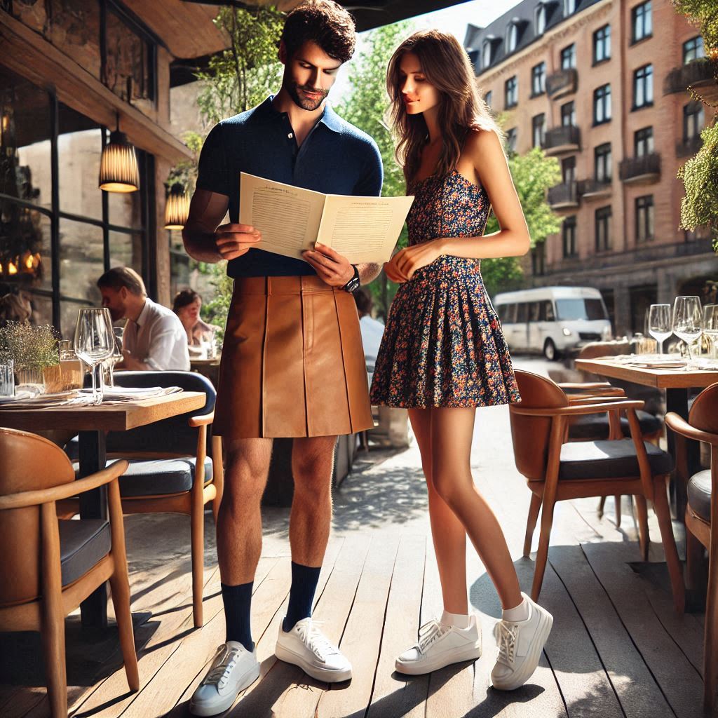 Couple at a restaurant, he in a stylish leather skirt