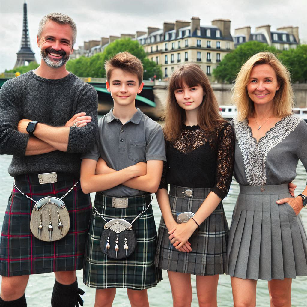 Whole family visiting Paris in skirts