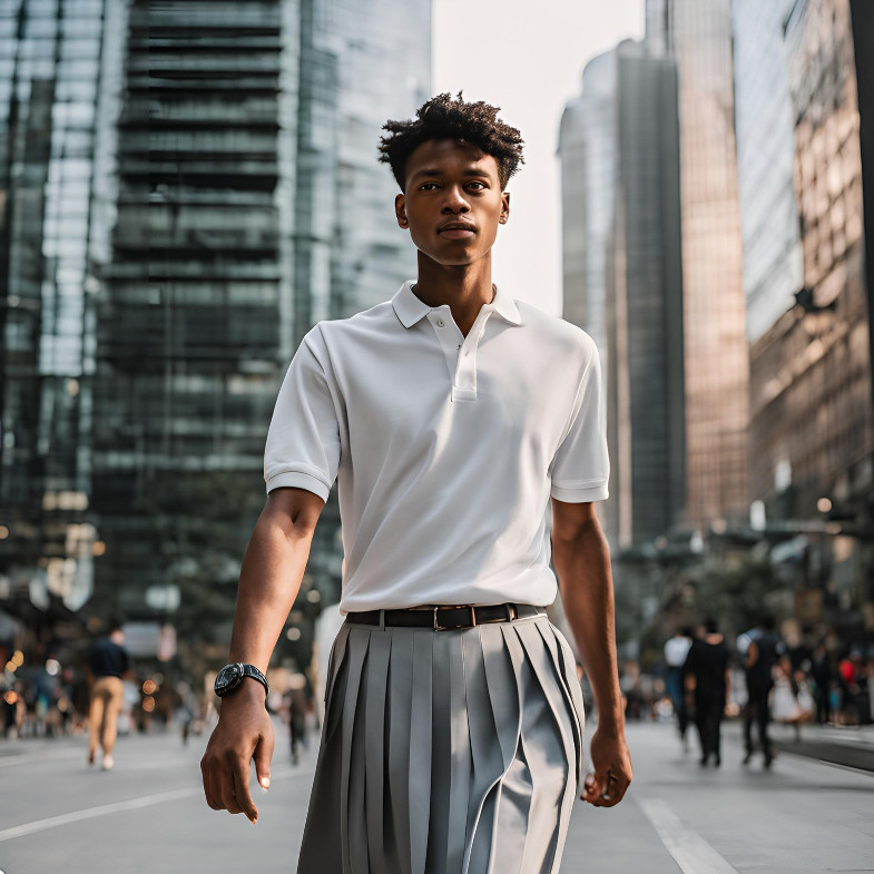 Young man in a grey skirt