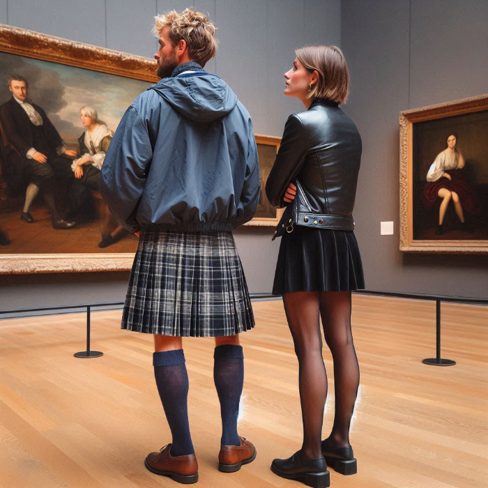 Museum of art in kilt and skirt.